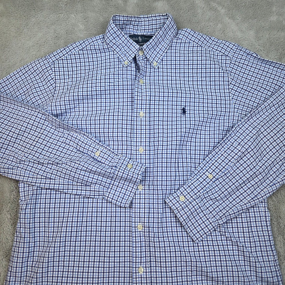 Ralph Lauren Button Down Shirt Mens L Classic Fit Gingham Check Blue and White